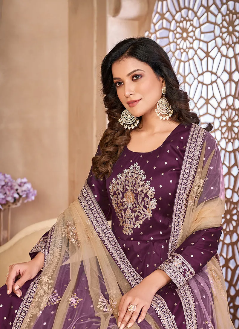 Deep Purple Handwork Embroidery Silk Anarkali Suit