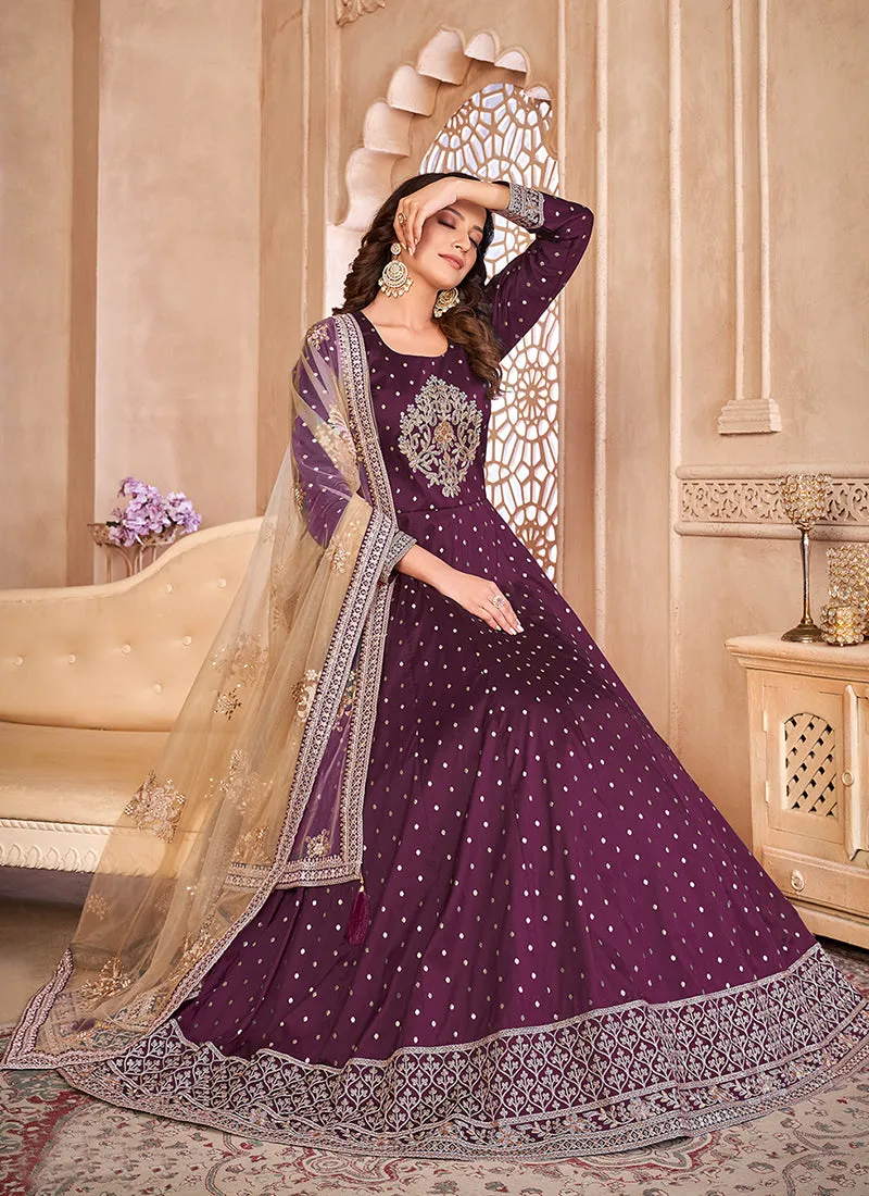 Deep Purple Handwork Embroidery Silk Anarkali Suit