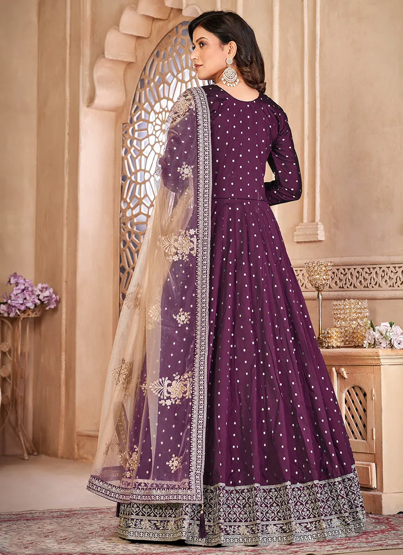 Deep Purple Handwork Embroidery Silk Anarkali Suit