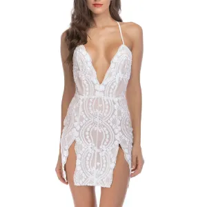 Deep V-neck Sexy Party Dress With Sequined Skirt