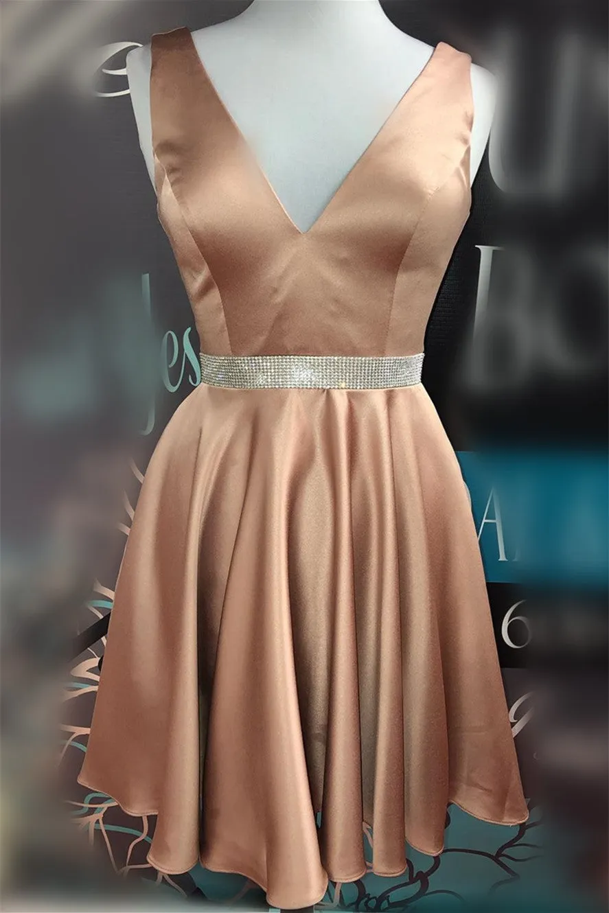 Deep V Pink Satin Homecoming Dress with Beaded Belt