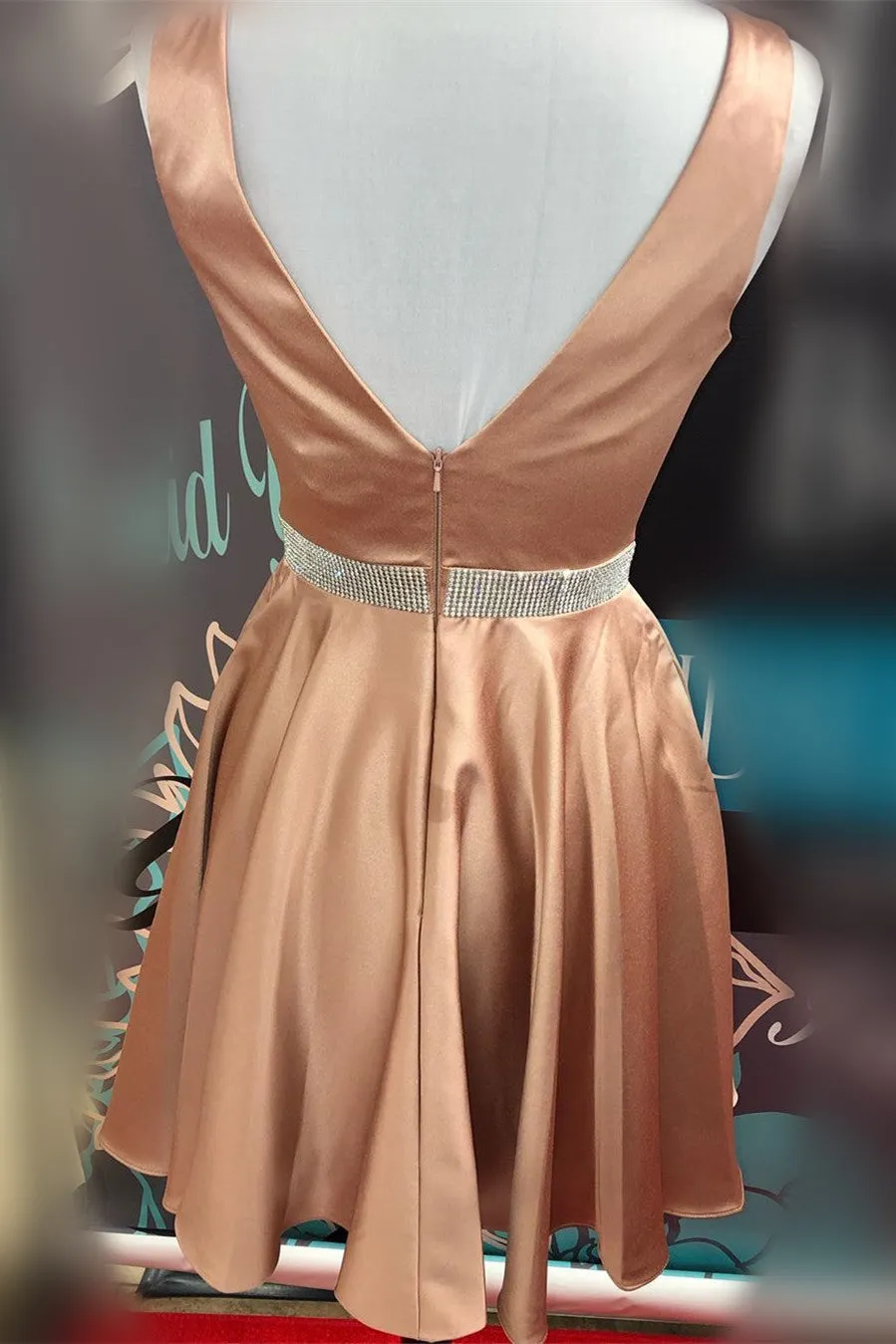 Deep V Pink Satin Homecoming Dress with Beaded Belt