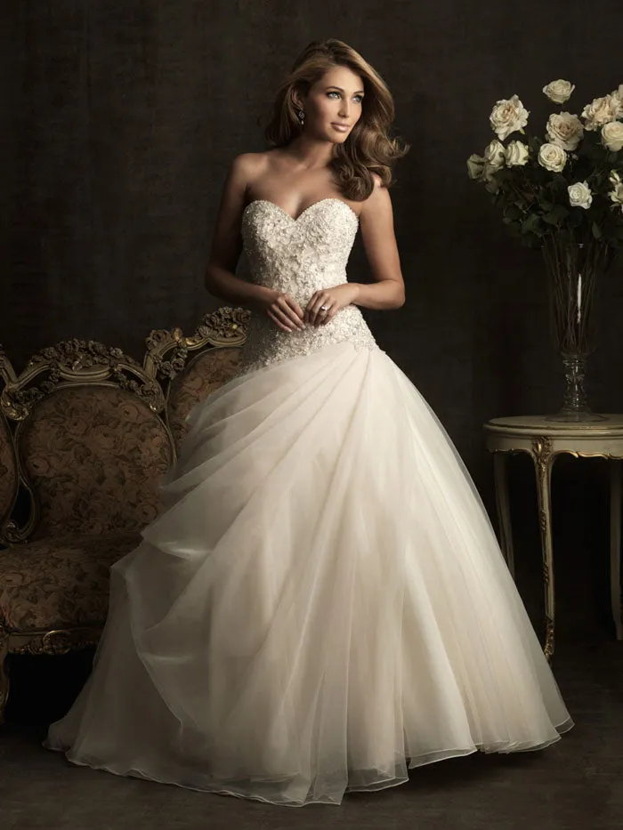 Designer Sexy Lace Beaded Champagne Ball Gown Organza Wedding Dress