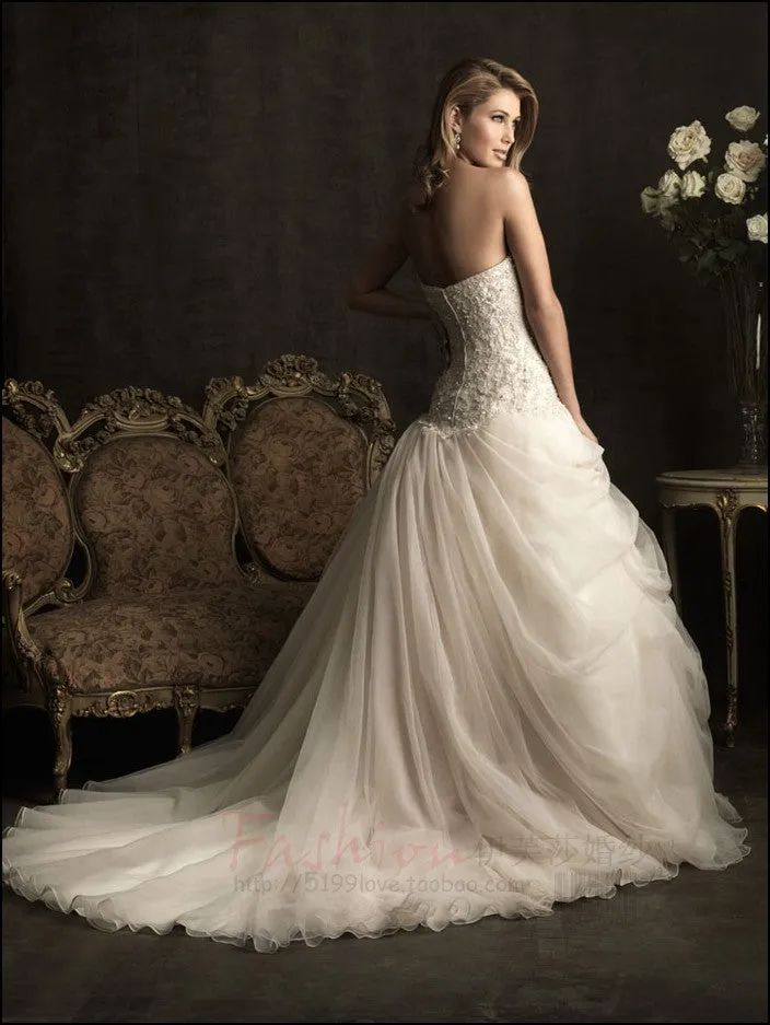 Designer Sexy Lace Beaded Champagne Ball Gown Organza Wedding Dress