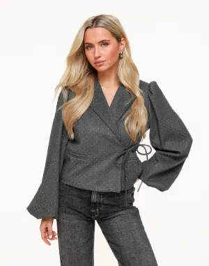 Donkergrijze Glitter Stenen Pofmouwen Wikkel - Blazer