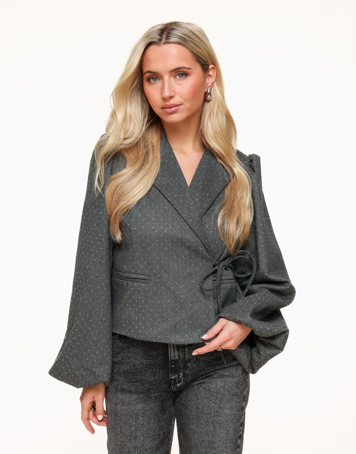 Donkergrijze Glitter Stenen Pofmouwen Wikkel - Blazer