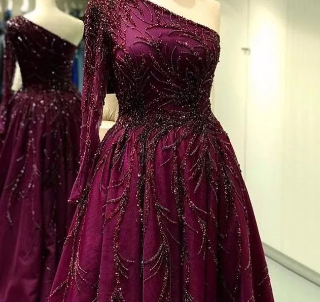 Dubai Design Wine Red A-Line Prom Dresses One-Shoulder Sexy Luxury Prom Gowns