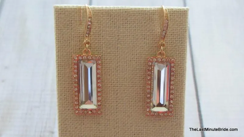 Emerald Cut Gold and Rhinestone Dange Earrings - 456934