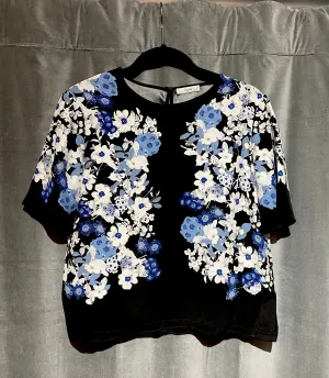 Erdem Black Silk Short Sleeve Top with Blue and White Flowers