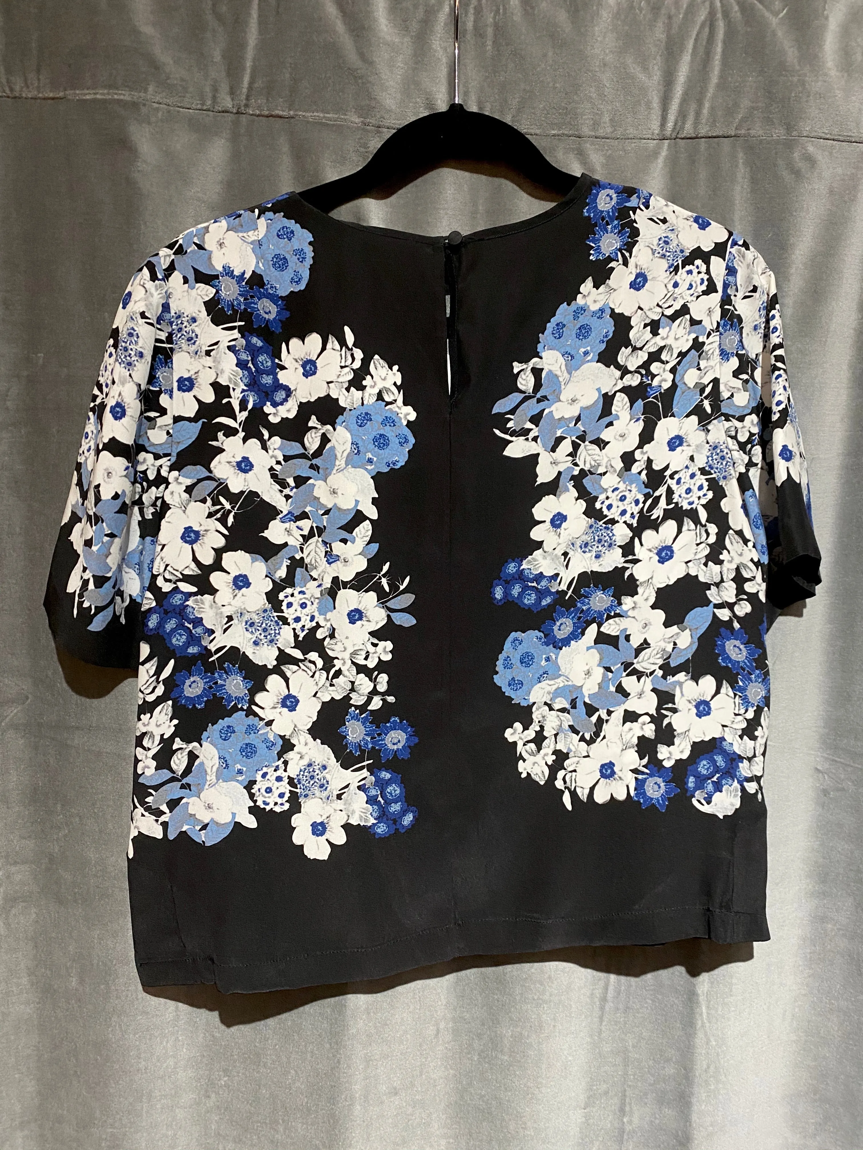 Erdem Black Silk Short Sleeve Top with Blue and White Flowers