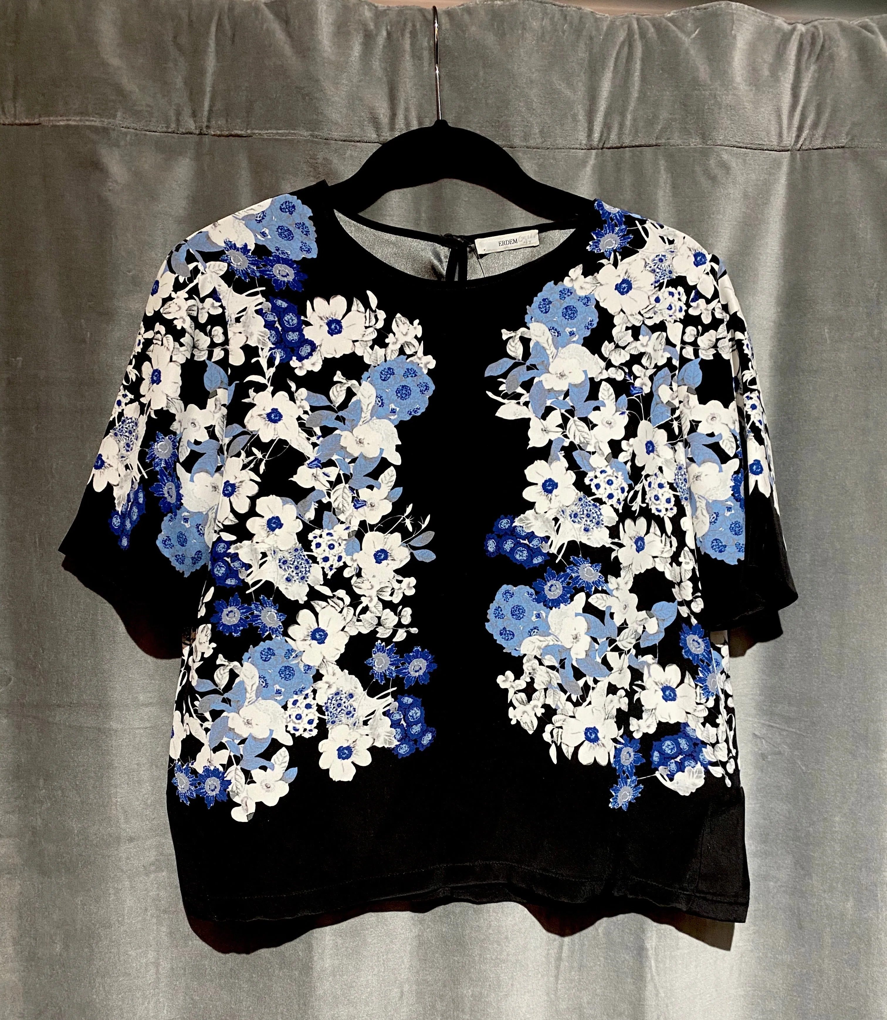 Erdem Black Silk Short Sleeve Top with Blue and White Flowers