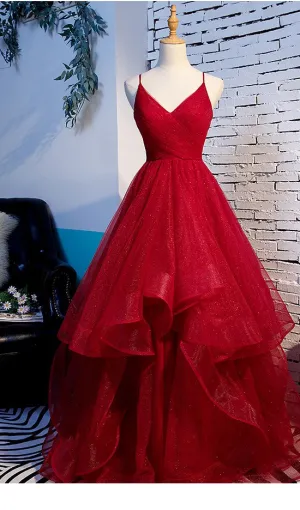 Fashion Spaghetti Straps Ball Gown Dark Red Prom Dress