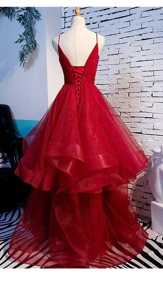 Fashion Spaghetti Straps Ball Gown Dark Red Prom Dress