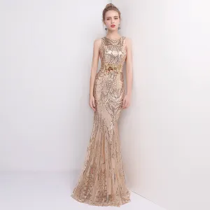 [Final Sale] Champagne Sleeveless Sequins Formal Dress/ Size L
