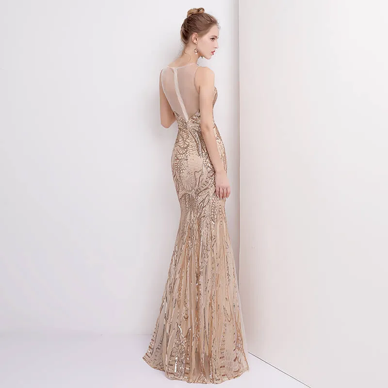 [Final Sale] Champagne Sleeveless Sequins Formal Dress/ Size L
