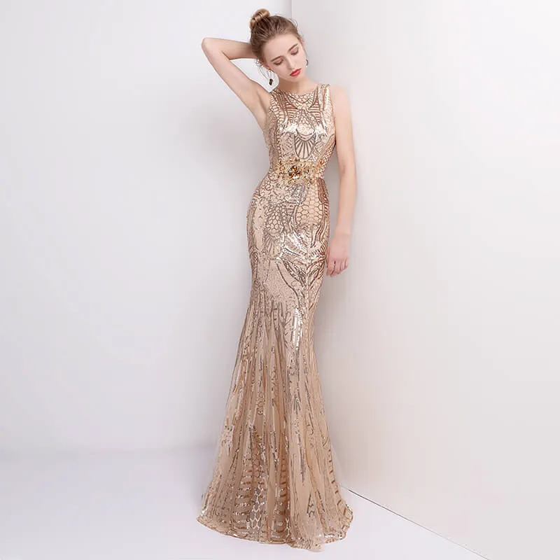 [Final Sale] Champagne Sleeveless Sequins Formal Dress/ Size L