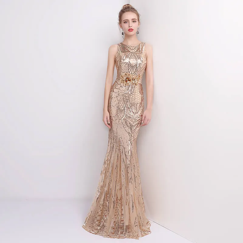 [Final Sale] Champagne Sleeveless Sequins Formal Dress/ Size L