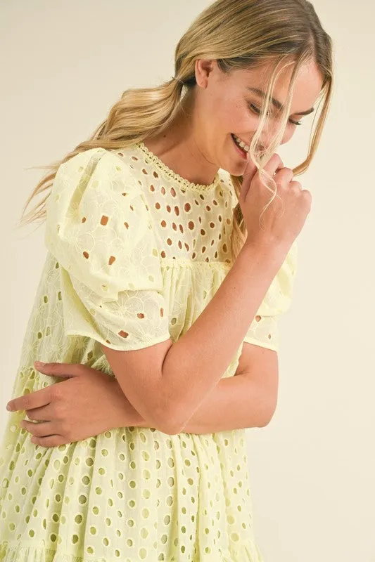 FLORAL EYELET PUFF SLEEVE MINI DRESS
