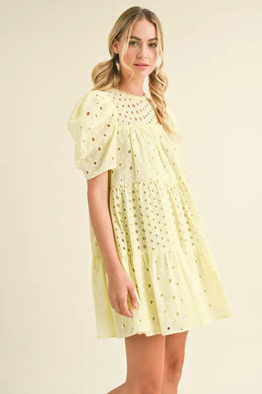 FLORAL EYELET PUFF SLEEVE MINI DRESS