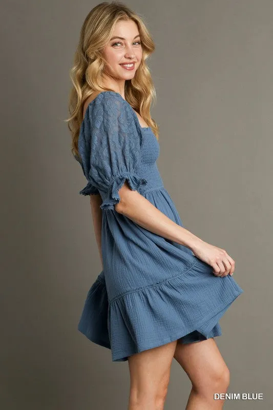 Gauze Squared Neckline Smocked Short Dre