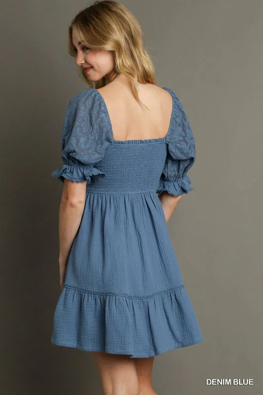 Gauze Squared Neckline Smocked Short Dre
