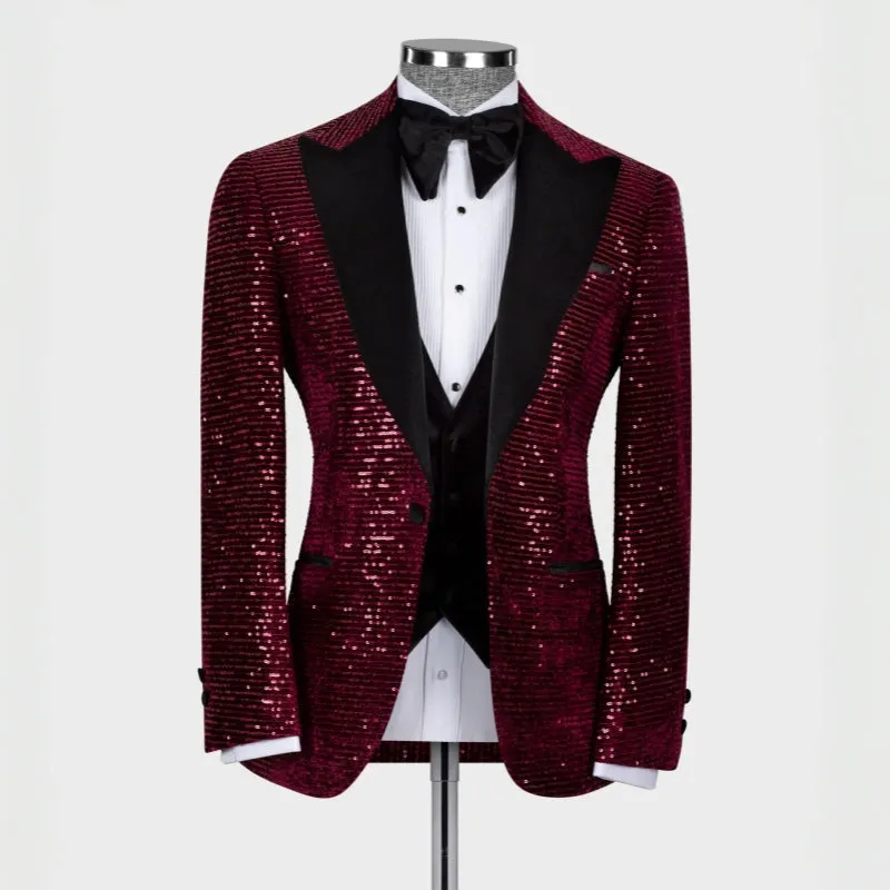 Generous Burgundy Three Pieces Sequins Prom Suits Peaked Lapel Slim Fit Wedding Groom Tuxedos