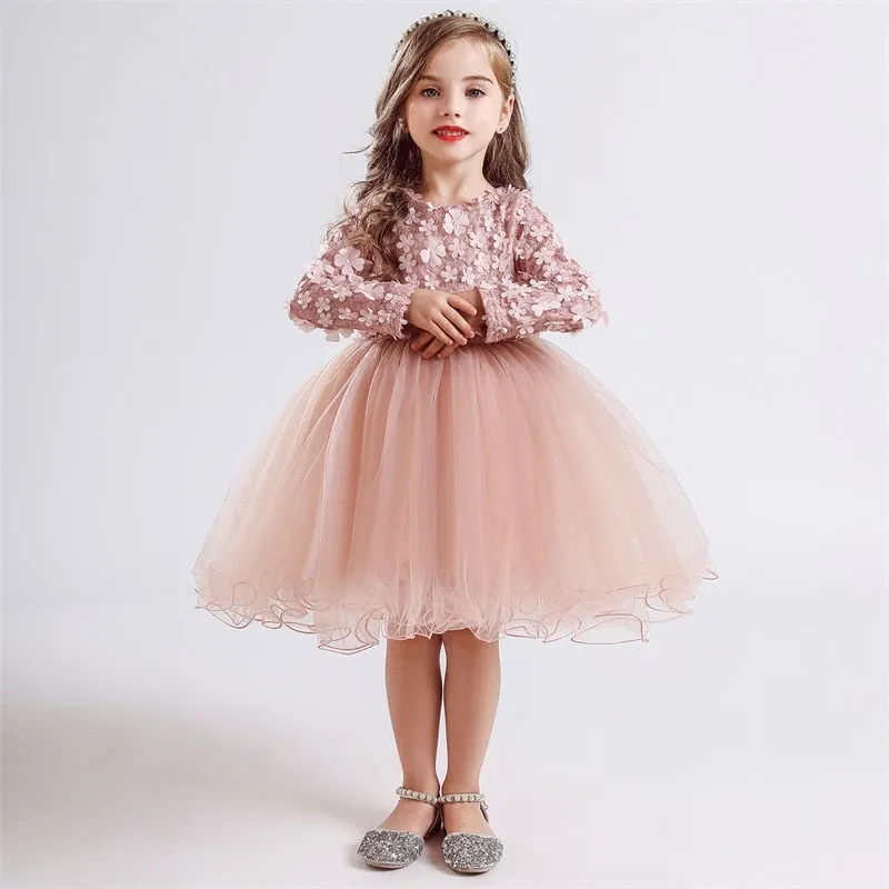 Girl's Long Sleeve Lace Princess Tutu Dress - Pink, Grey