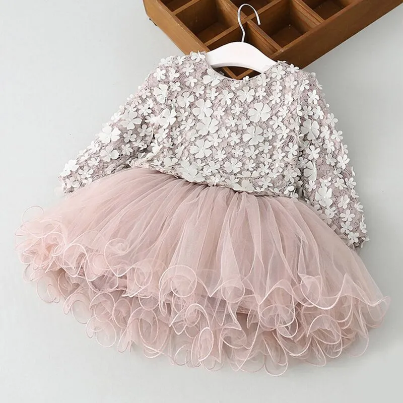 Girl's Long Sleeve Lace Princess Tutu Dress - Pink, Grey