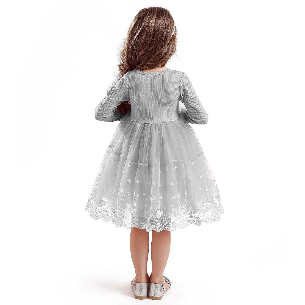 Girl's Long Sleeve Lace Princess Tutu Dress - Pink, Grey