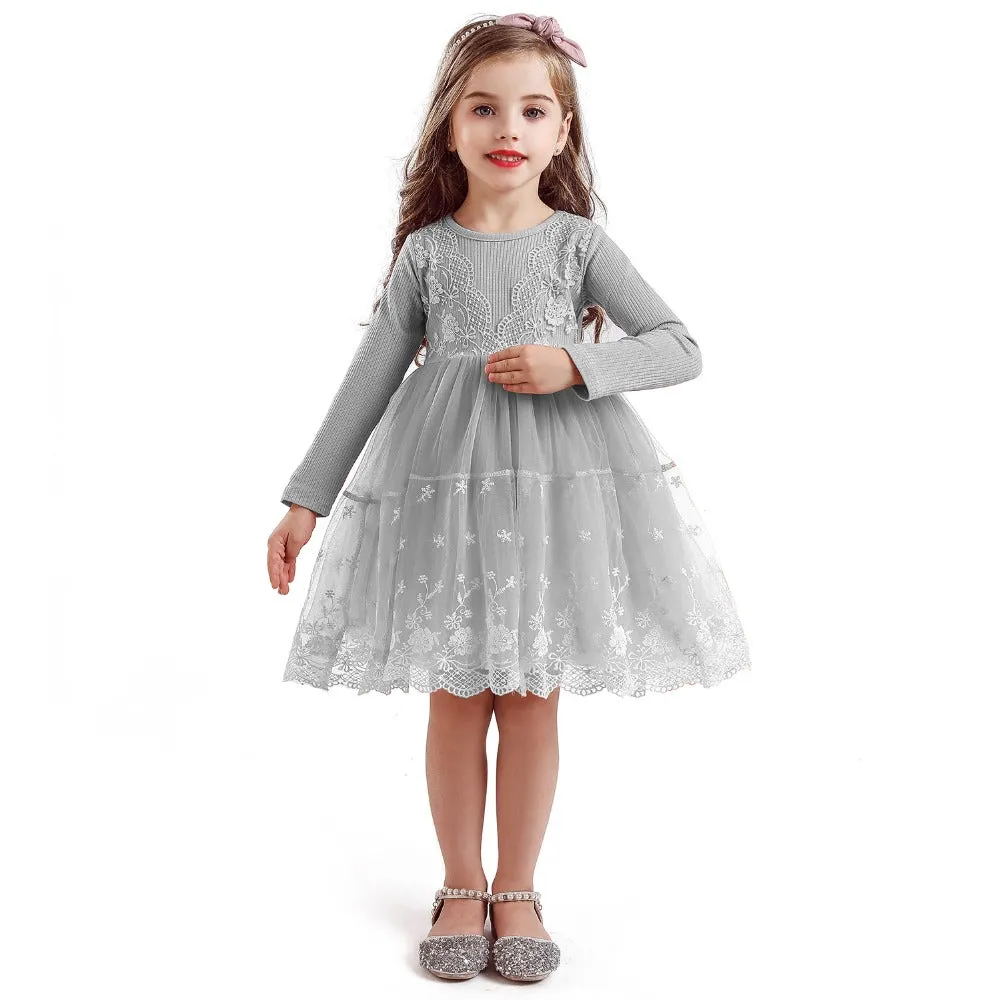 Girl's Long Sleeve Lace Princess Tutu Dress - Pink, Grey