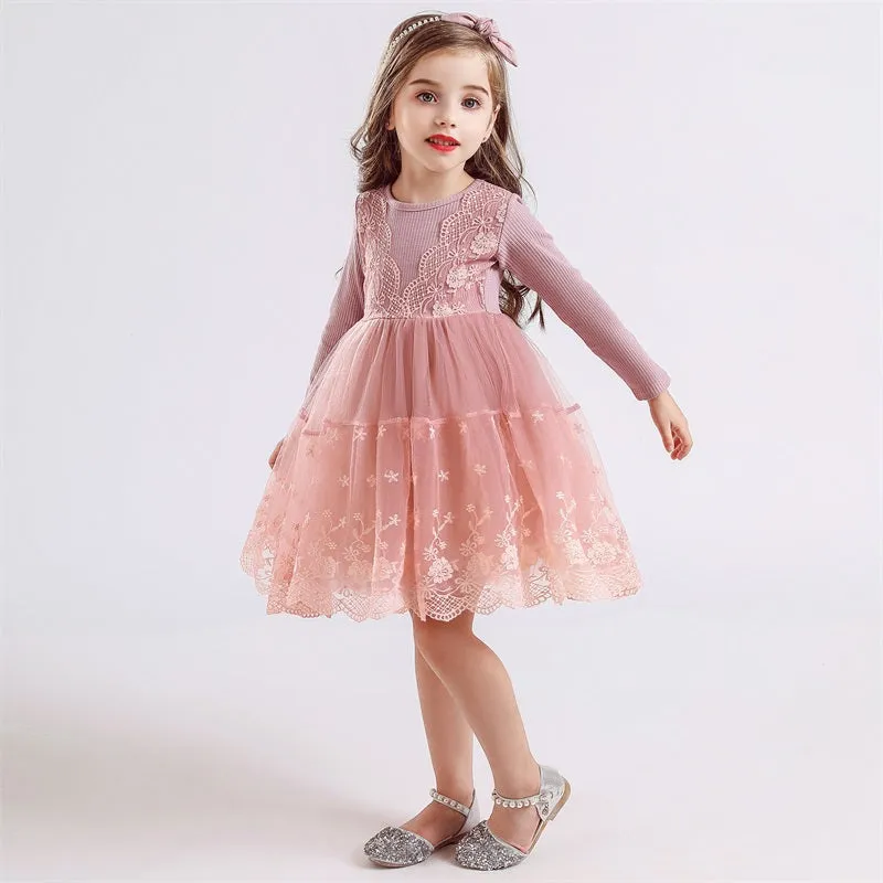 Girl's Long Sleeve Lace Princess Tutu Dress - Pink, Grey
