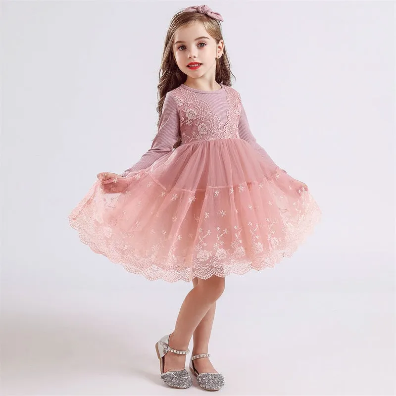 Girl's Long Sleeve Lace Princess Tutu Dress - Pink, Grey
