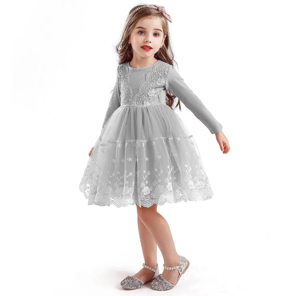 Girl's Long Sleeve Lace Princess Tutu Dress - Pink, Grey