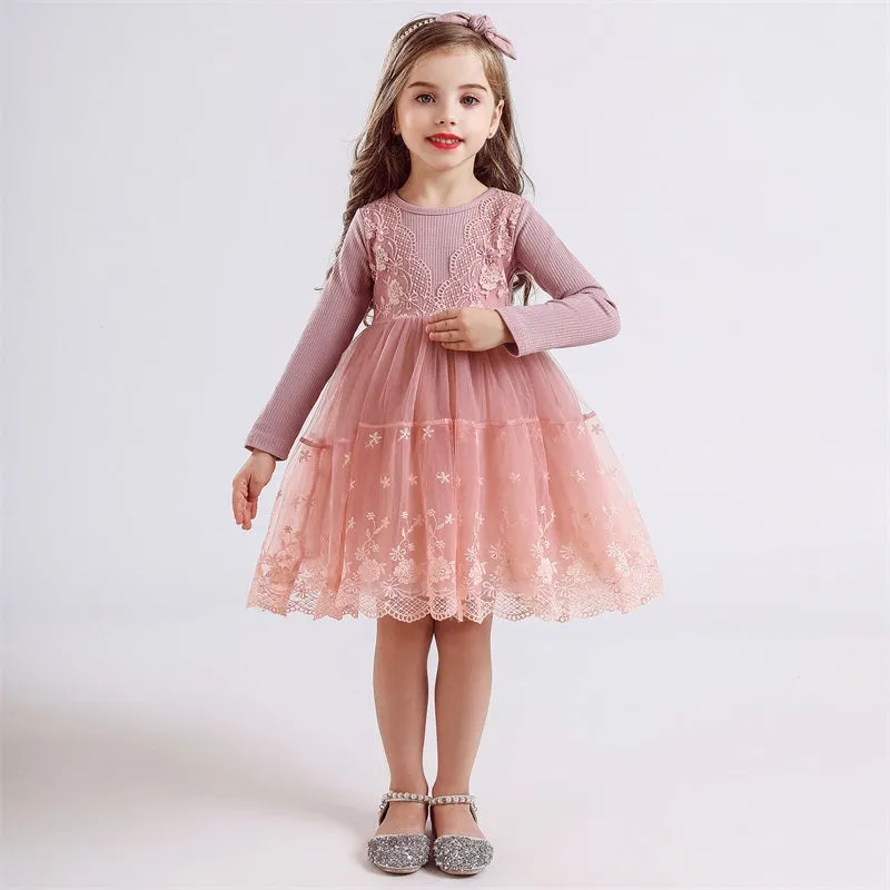 Girl's Long Sleeve Lace Princess Tutu Dress - Pink, Grey