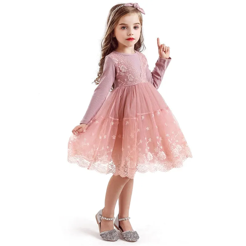 Girl's Long Sleeve Lace Princess Tutu Dress - Pink, Grey