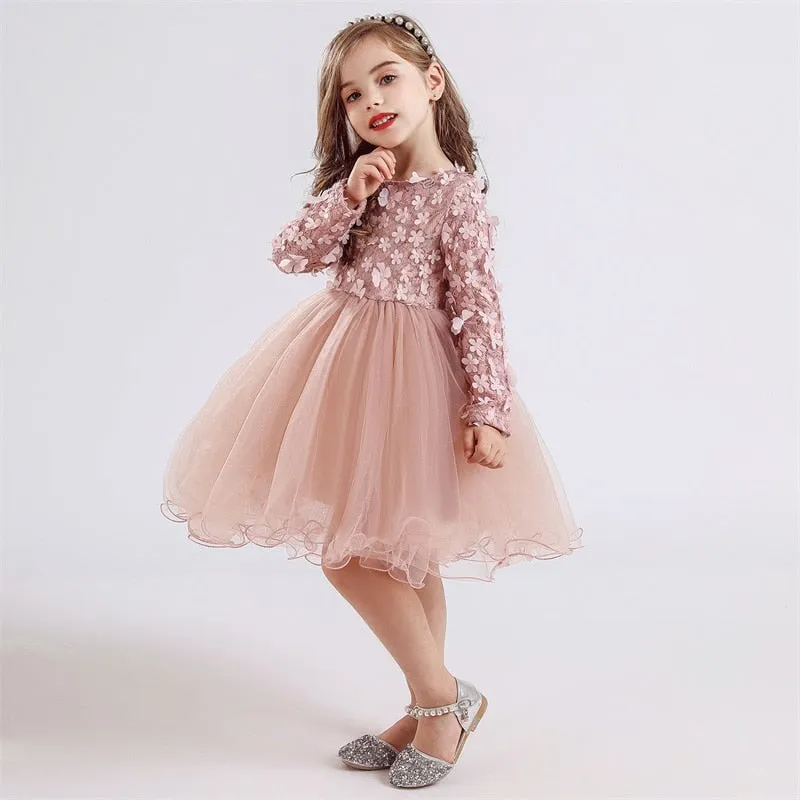 Girl's Long Sleeve Lace Princess Tutu Dress - Pink, Grey