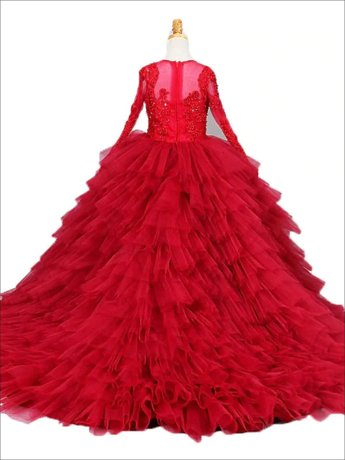 Girls Red Lace Embroidery Long Sleeve Mesh Tiered Gown