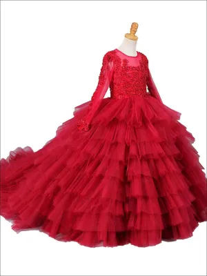 Girls Red Lace Embroidery Long Sleeve Mesh Tiered Gown