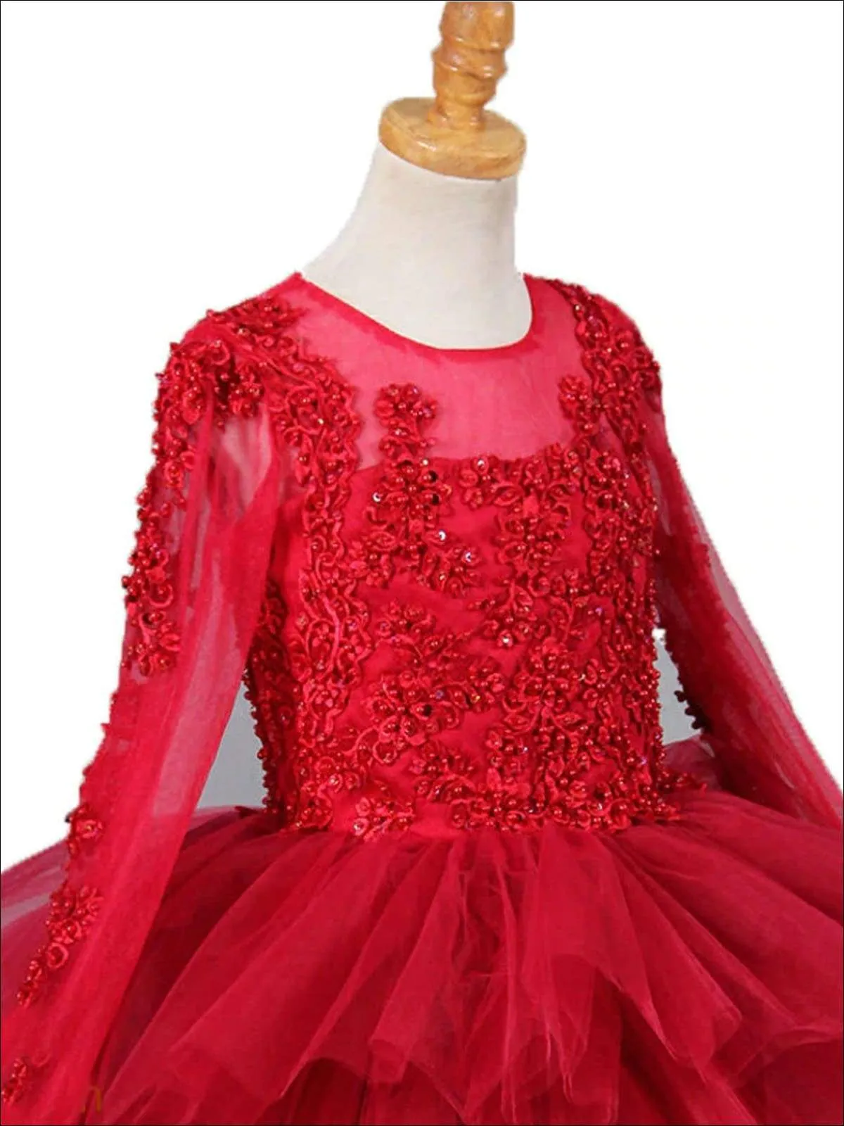 Girls Red Lace Embroidery Long Sleeve Mesh Tiered Gown