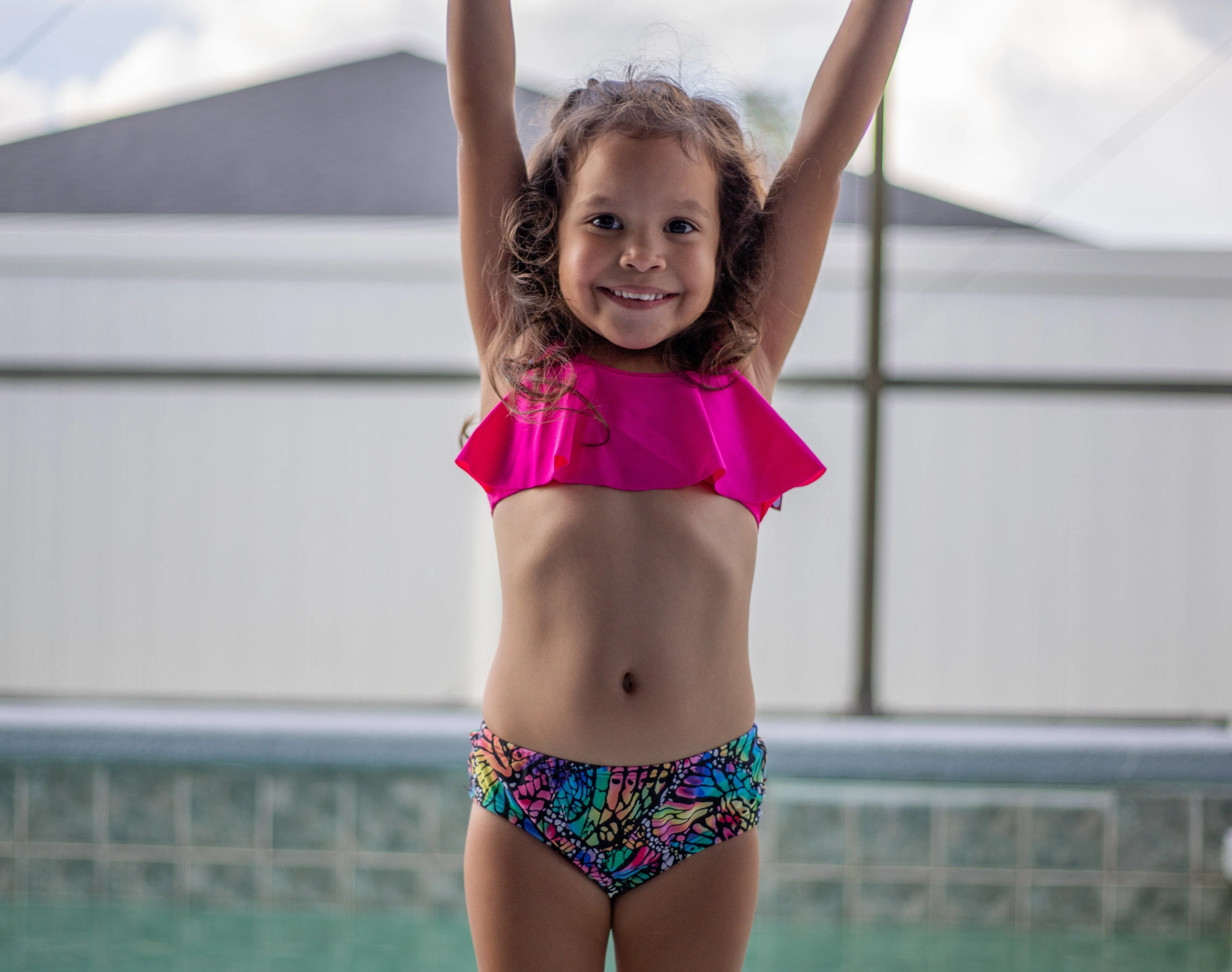 Girls UPF 50  Printed Swim Briefs  | Sedona Blue w- White Polka Dot