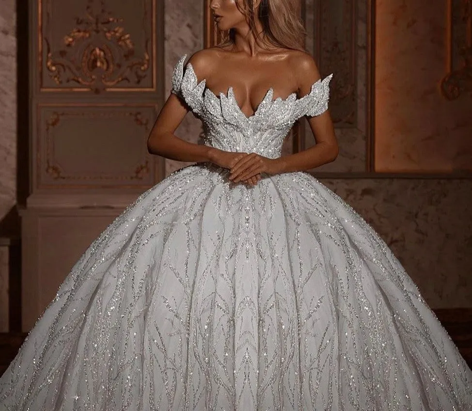 Glitter Off Shoulder Ball Gown Wedding Dresses
