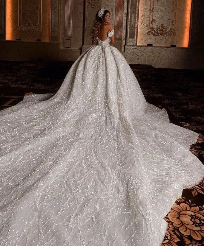 Glitter Off Shoulder Ball Gown Wedding Dresses