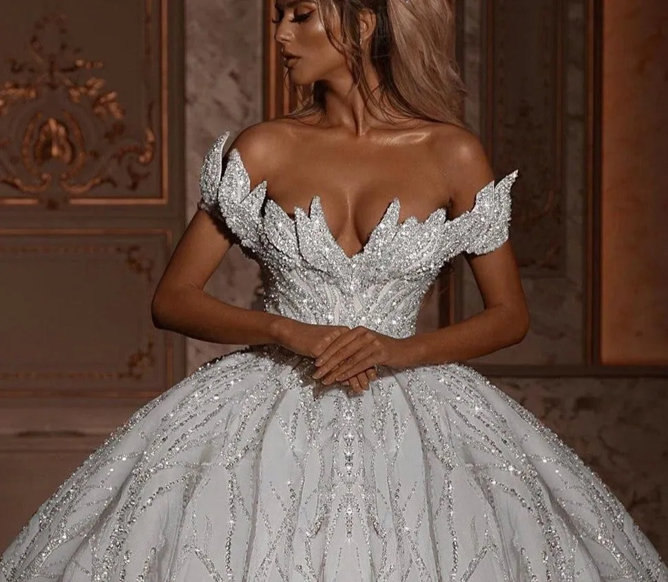 Glitter Off Shoulder Ball Gown Wedding Dresses