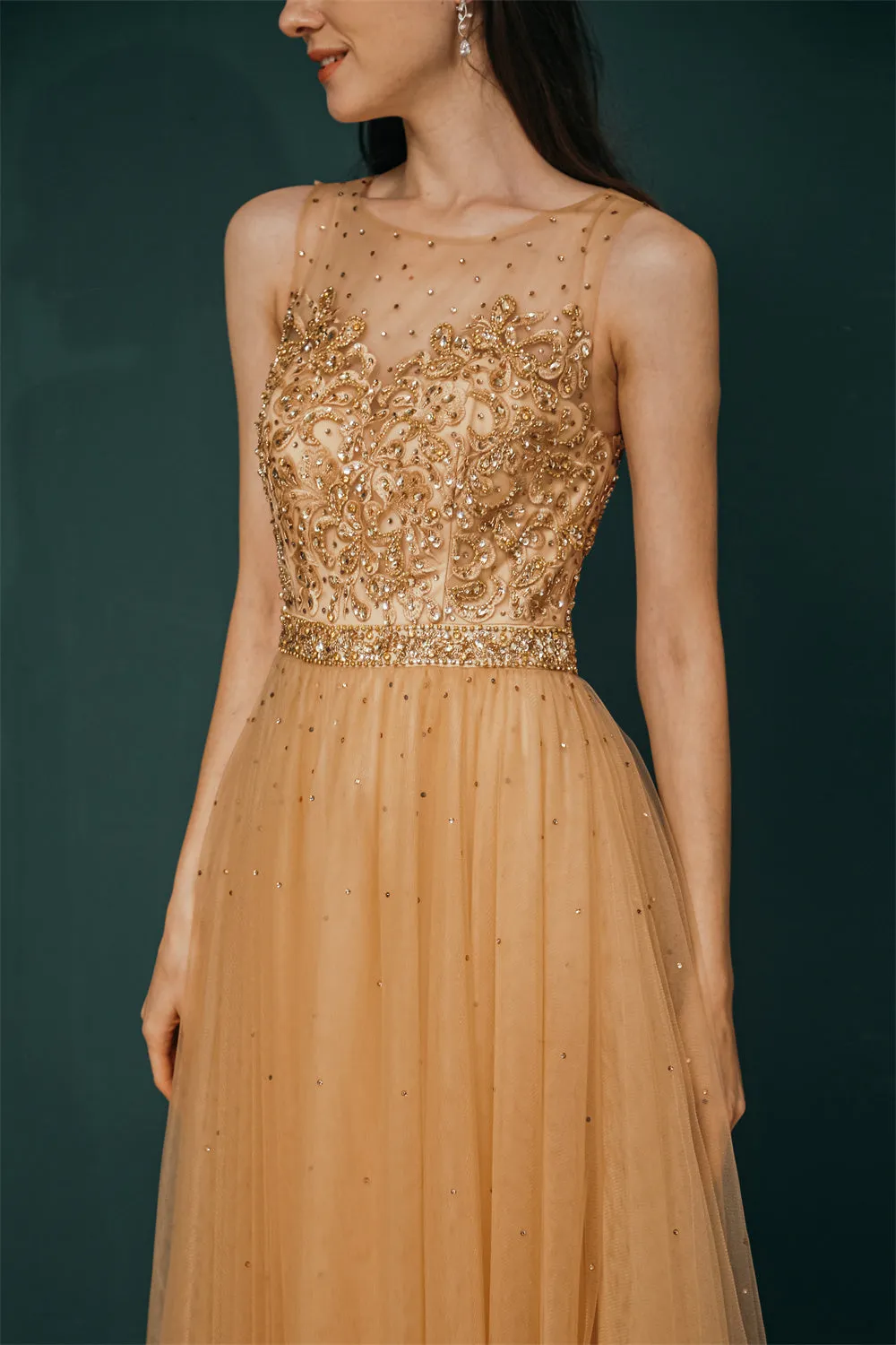 Gold Illusion neck Beaded Appliques Prom Dress