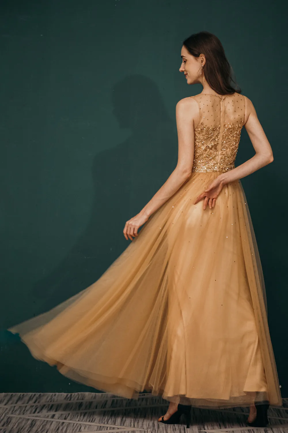 Gold Illusion neck Beaded Appliques Prom Dress