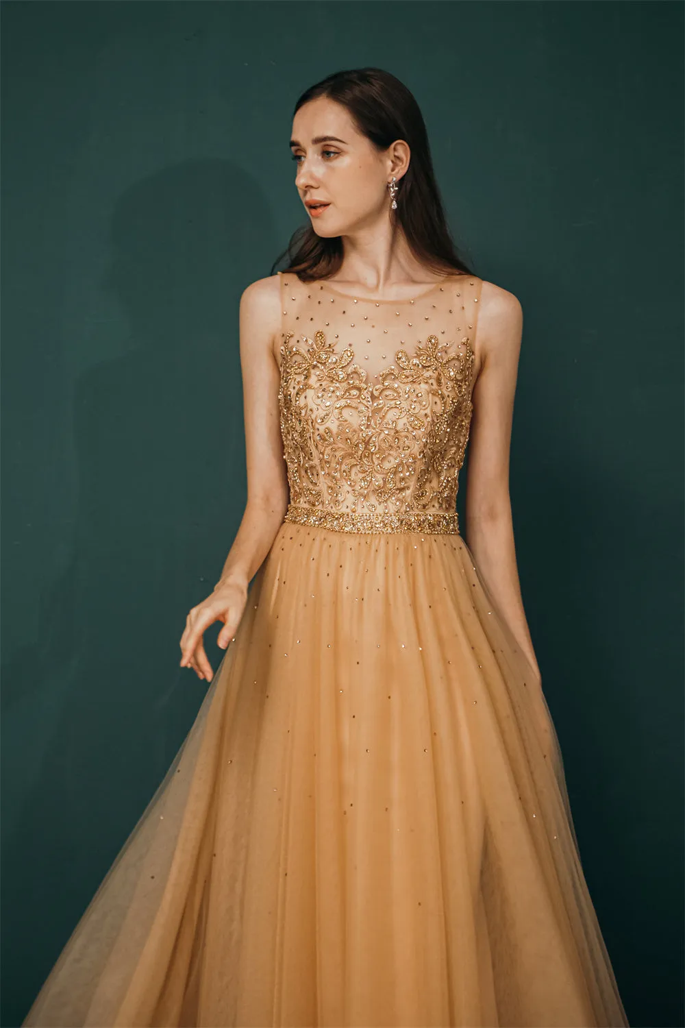 Gold Illusion neck Beaded Appliques Prom Dress