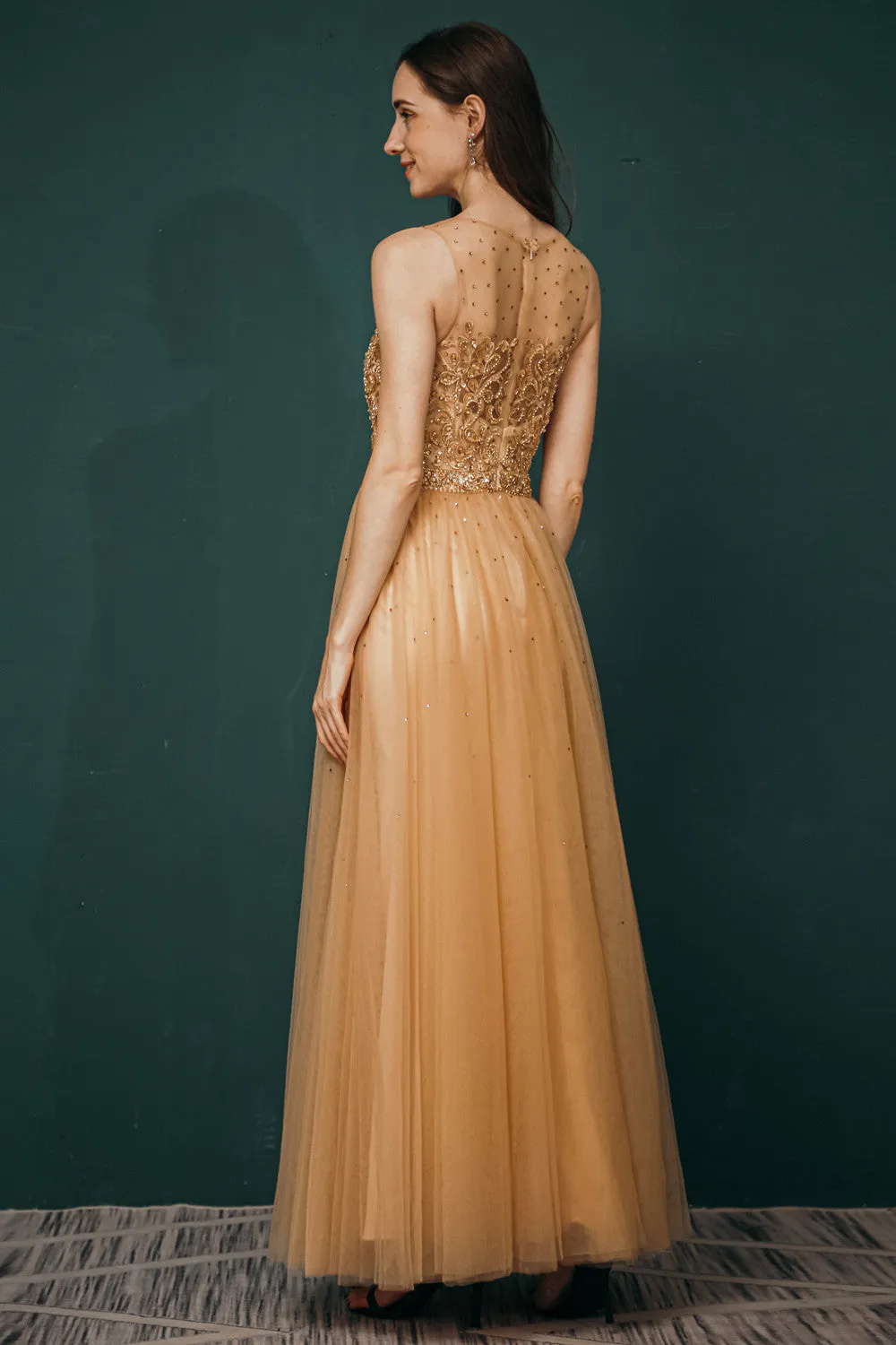 Gold Illusion neck Beaded Appliques Prom Dress