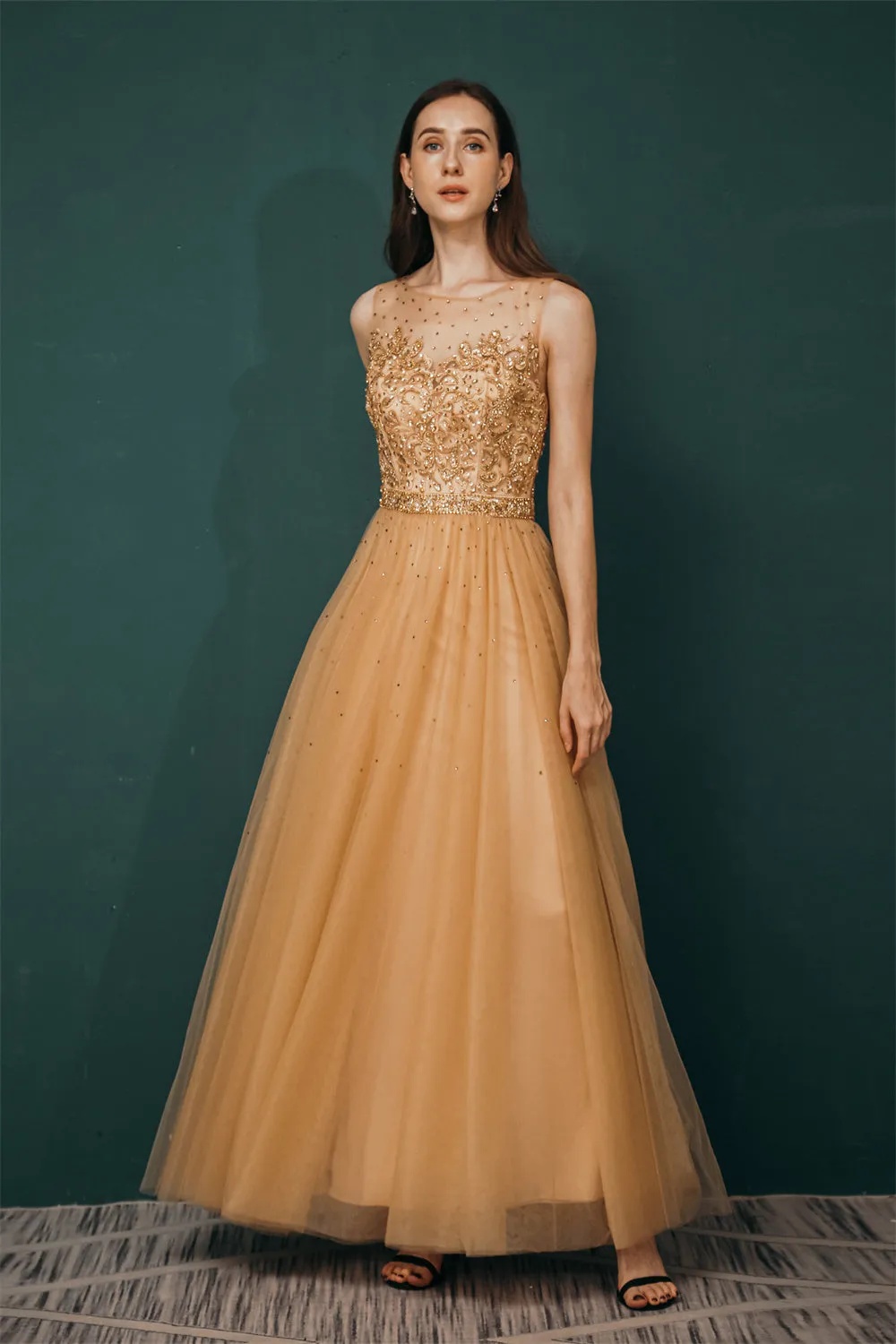 Gold Illusion neck Beaded Appliques Prom Dress