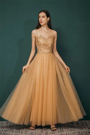 Gold Illusion neck Beaded Appliques Prom Dress