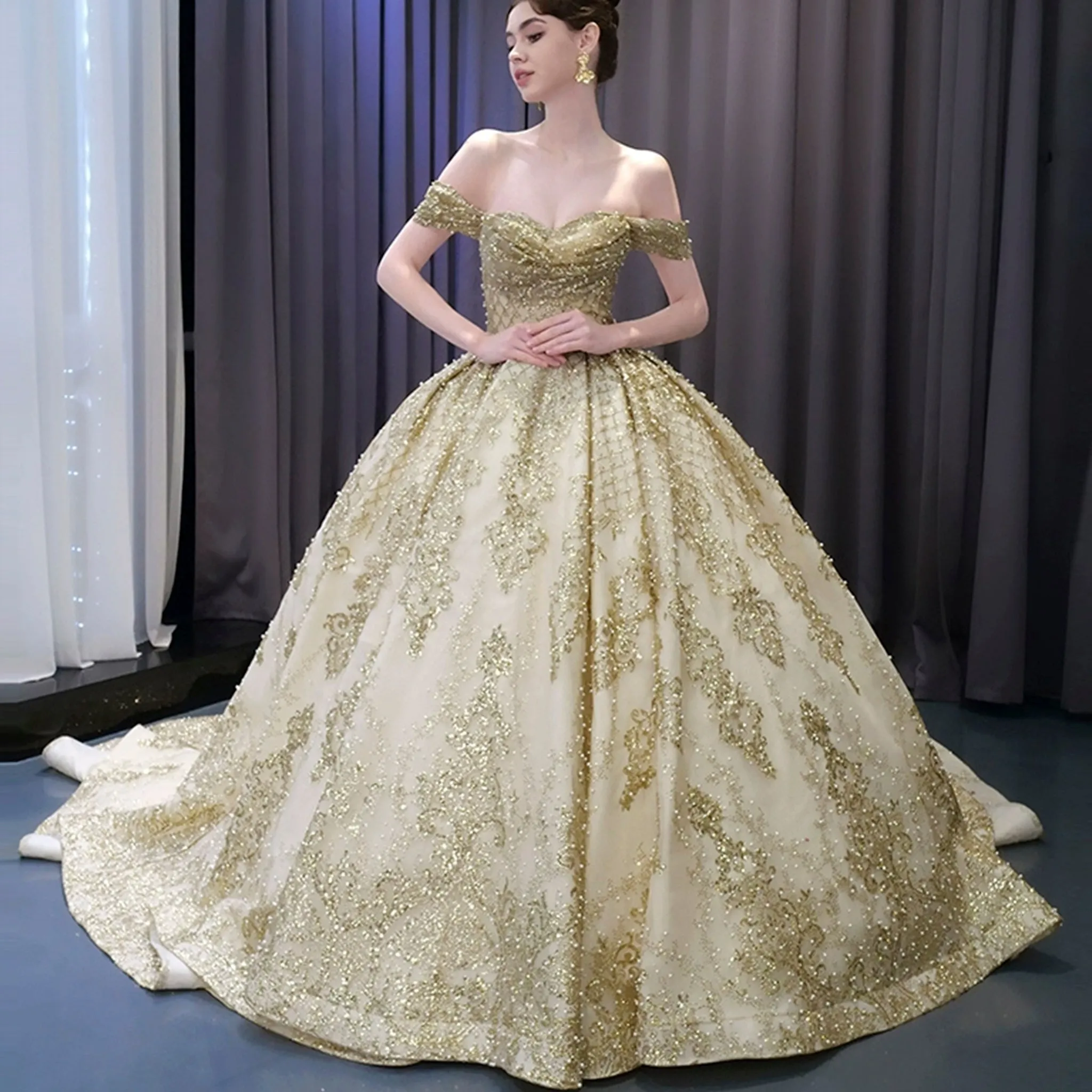 Gorgeous Beading Sequins Prom Gown with Off The Shoulder Quinceanera Dress